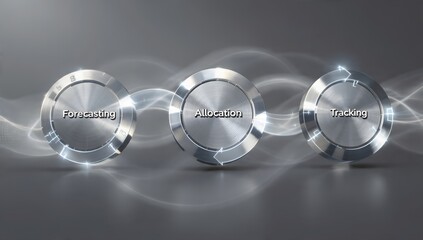 Futuristic data analytics concept with three circular dashboards labeled Forecasting, Allocation and Tracking, illustrating business optimization