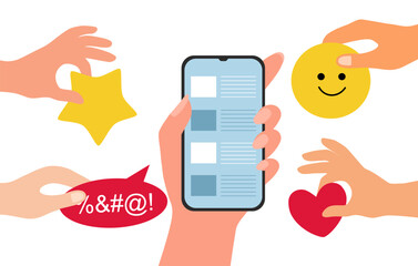 Customer satisfaction on mobile app concept, opinion of service, customer feedback. Feedback, evaluation of product, service, rating.