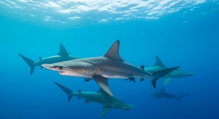 Obraz premium A majestic school of scalloped hammerhead sharks gracefully swimming together in the deep blue ocean waters