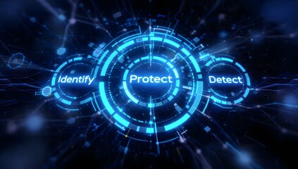 Abstract futuristic cyber security scene with glowing blue HUD rings showing identify, protect, detect for data protection and network security