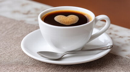 Fototapeta premium Coffee cup with heart pattern swirl in foam creates warm inviting feeling in this close up image on saucer with spoon