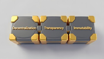 Three Interlocking Blocks Represent Decentralization, Transparency, and Immutability in Blockchain Principles, Visualizing Distributed Ledger Tech