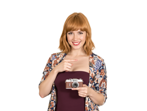 Smiling woman holding a camera png