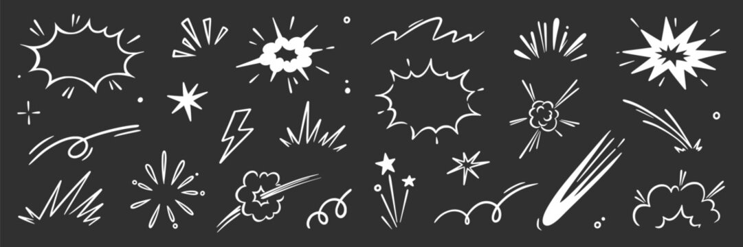 Cartoon speed effect comic line element set. Hand drawn doodle sketch boom burst, bomb smoke, explosion cloud cartoon elements. Comic speed effect, power flash, explosive shapes. Vector illustration