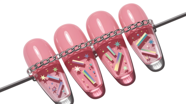 Trendy Pink Nail Art with Chain Accent and Colorful Decorations,
Playful Candy-Inspired Manicure Design with Star Confetti,
Modern Acrylic Nails Featuring Pink Gradient and Glitter Details