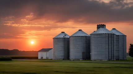Dramatic sunset illuminates a row of large grain silos in a vast rural landscape
