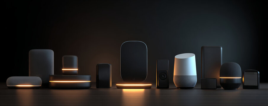 Smart speaker lineup glow modern gadget collection sleek black devices ambient light minimalist design home audio wireless tech night mood