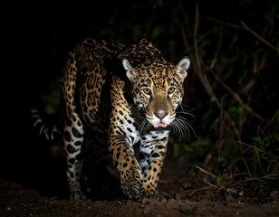 Obraz premium A big cat with spots emerges from dark foliage