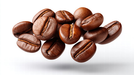 Obraz premium Coffee beans in air studio shot showing closeup of roasted brown coffee bean with shadow on white background