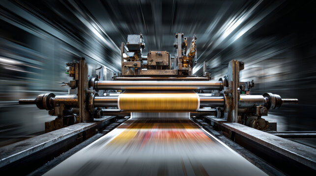 High speed printing press industrial machine motion blur paper roll production line factory metal roller ink technology workflow