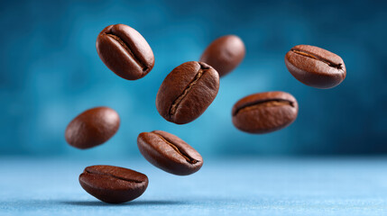 Coffee beans falling in slow artistic motion create captivating image with rich brown tones and soft blue background