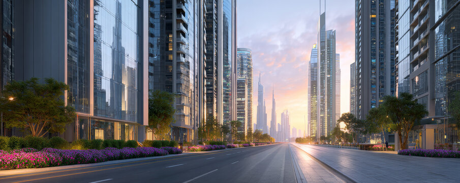 Sunrise cityscape modern skyline glass skyscraper empty road urban street morning light futuristic architecture city center reflection skyline