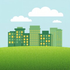 Naklejka premium Urban landscape illustration of modern green buildings and grass
