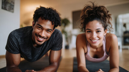 Happy couple workout home fitness plank exercise smiling active lifestyle healthy indoor morning light casual cozy