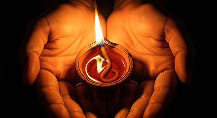 Hands cupping a glowing oil lamp with a fiery wick