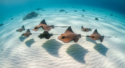 A mesmerizing school of stingrays glides in perfect formation over a sunlit, sandy ocean floor, showcasing marine life