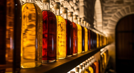 Row of aged spirits in glass bottles in a cellar