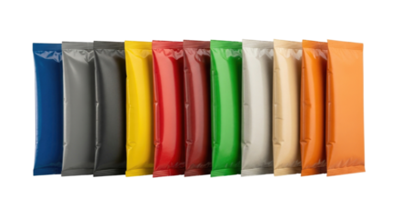 Assortment of colorful foil sachets transparent background cutout png