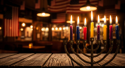 Menorah with lit candles on a wooden table with american flags in the background
