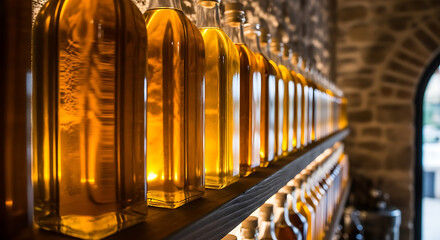 Rows of amber liqueur bottles lined up on a shelf