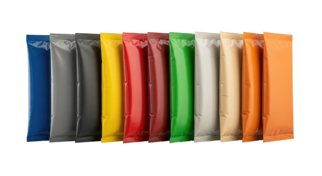 Assortment of colorful foil sachets transparent background cutout png