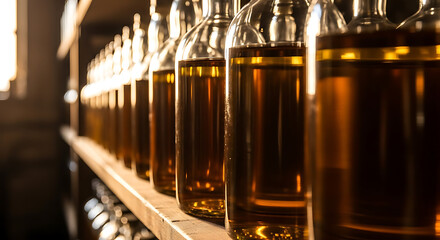 Row of aged whiskey bottles on a wooden shelf