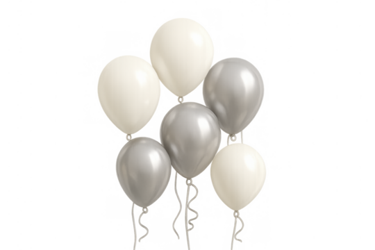 Bunch of shiny helium balloons in white and silver colors, decorating for festive events, isolated on transparent background - Powered by Adobe