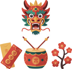 Cartoon vector illustration of a scary tribal dragon mask face for Chinese New Year decoration symbol