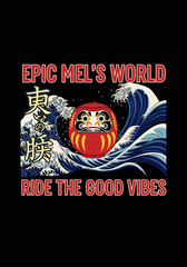 A vibrant illustration features a traditional red Daruma doll riding a powerful, stylized Japanese ocean wave, embodying good fortune and positive adventure.