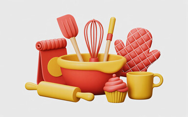 Baking utensils 3d render illustration featuring kitchen tools and a cookbook