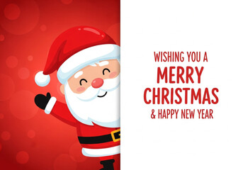 Merry Christmas and Happy New Year greeting card with a cute Santa Claus character peeking from behind a blank sign or banner, 3D cartoon Santa Claus holding a blank white sign for holiday text.