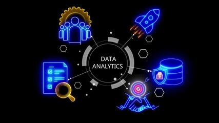 Data analytics concept, infographic dashboard showing KPIs, performance metrics, and business insights from large data sets. Motion graphic of data warehouse icons concept ,glowing 4k video animation - Powered by Adobe