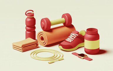 Fitness and wellness lifestyle with equipment like dumbbells, mat, supplements jar