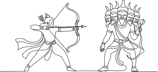 Rama aiming bow at Ravana one line drawing arrow mythology
