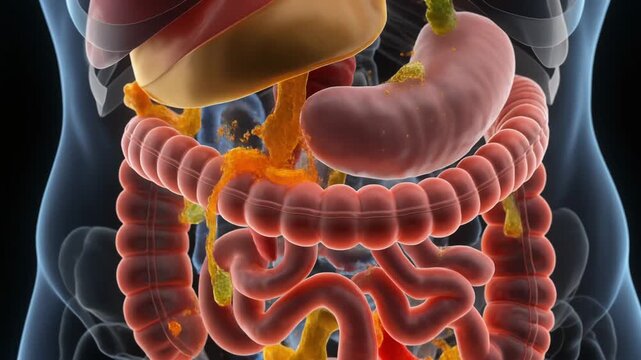Anatomical illustration of the human digestive system, showing the stomach, intestines, and liver.