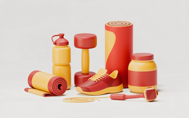 Fitness and workout equipment 3d render featuring sneakers and dumbbells.