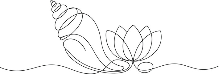 Single line drawing of a conch shell and lotus flower