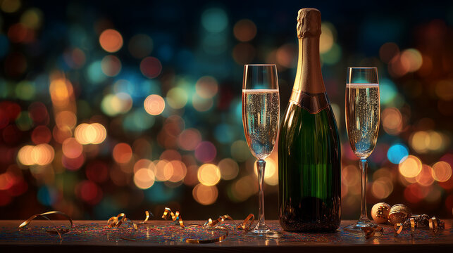 Champagne bottle and two glasses ready for new year s eve celebration with bokeh lights