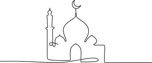 Single line drawing of a mosque with minaret and crescent moon
