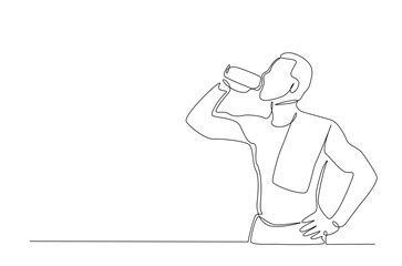 Sporty Man Drinking water from the bottle in continuous one line drawing. Single line art illustration of Man Drinking water from the bottle. Editable vector.