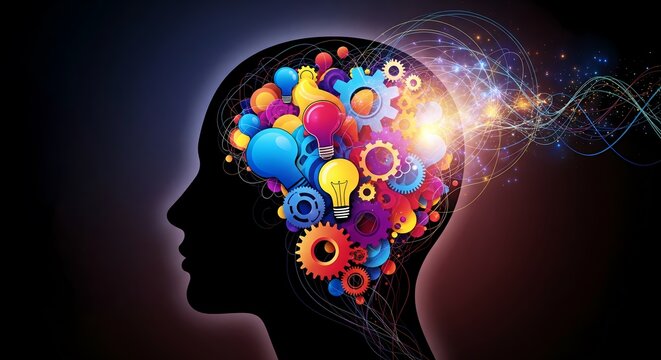 Vibrant mind filled with colorful ideas and gears sparks innovation and bright concepts