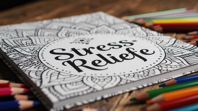 Stress Relief Coloring Book Still Life With Pencils on Wood Surface
