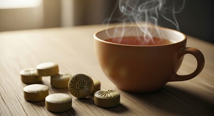 Soothing Cup of Herbal Tea with Throat Lozenges on Wooden Table for Wellness Blogs, Health Articles, Seasonal Content, and Home Remedies