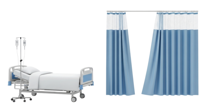 Hospital bed and curtains transparent background cutout png