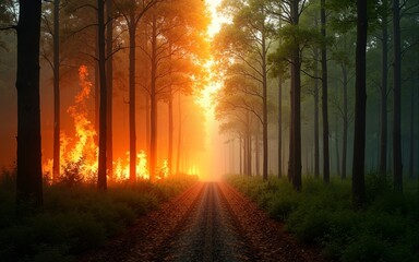 A split-screen view of a burning forest. Creative background  of a fires and forest protection in summer. The left side depicts the active fire, flames and the right side shows a still green forest.