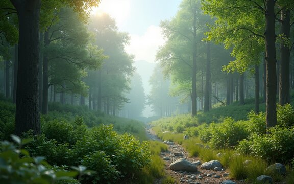 Carbon-neutral forest ecosystem with diverse wildlife habitat showcasing environmental conservation and biodiversity protection initiatives. High quality