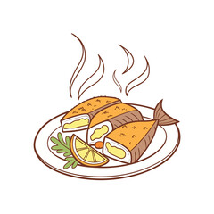 Fish and chips with sauce engraving vector illustration