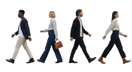 Four people walking side by side transparent background cutout png