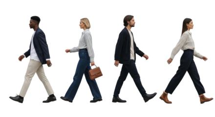Four people walking side by side transparent background cutout png