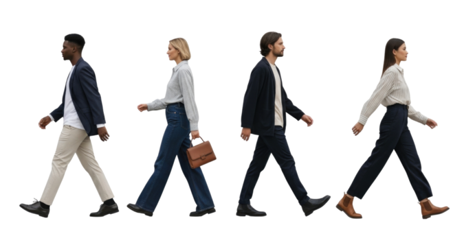 Four people walking side by side transparent background cutout png